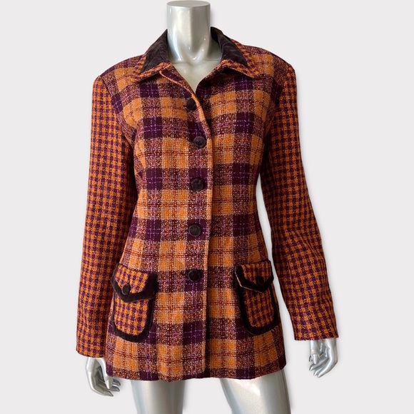 Kenzo Jackets & Blazers - Vintage 90s KENZO Plaid Tweed 🍁🍂 Wool Blazer Size 12 Velvet Trim Fall Colors